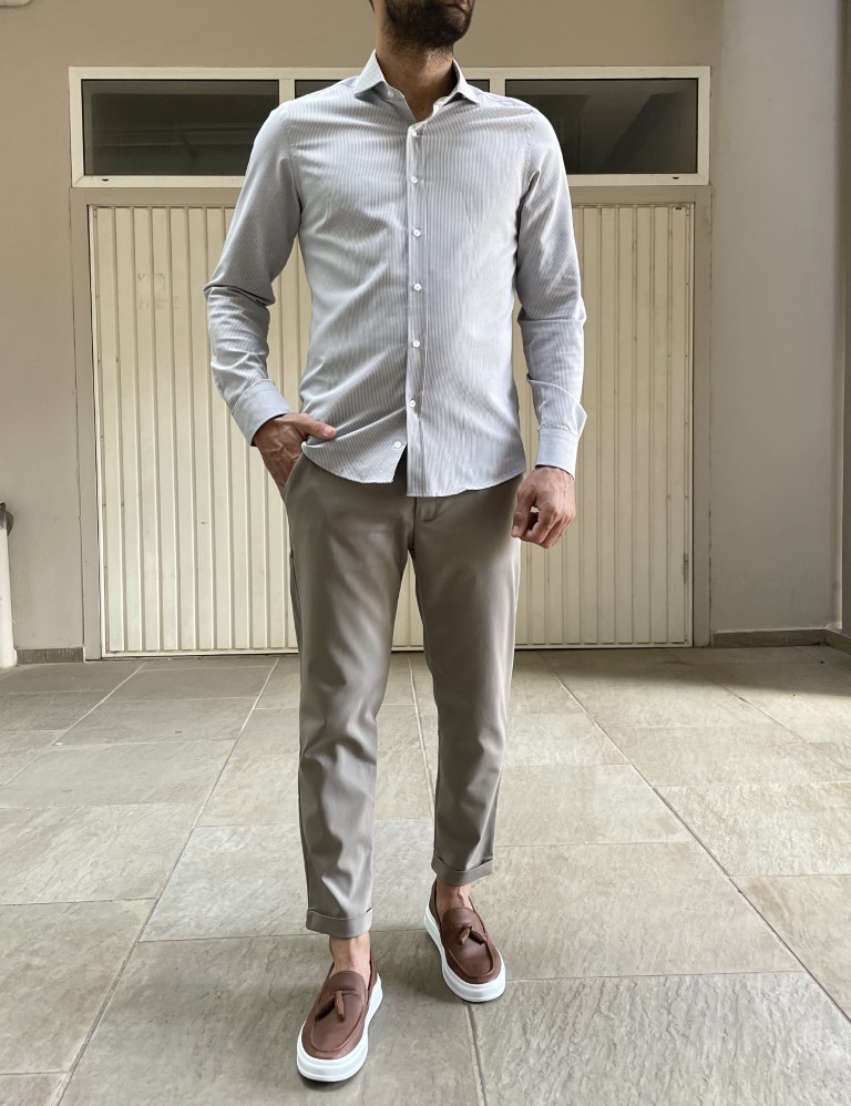 Ανδρικό γκρι ριγέ πουκάμισο με γιακά 1820G φωτογραφία